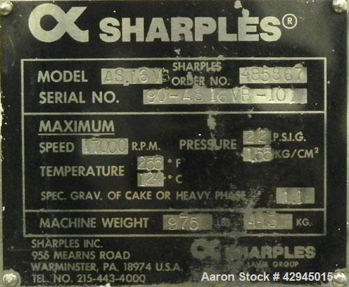 Used Sharples AS-16VB "Aseptic Biological" Super Centrifuge Frame Assembly. Stainless steel construction (product contact areas), maximum speed 17,000 rpm (20000 x G force), sanitary type connections...