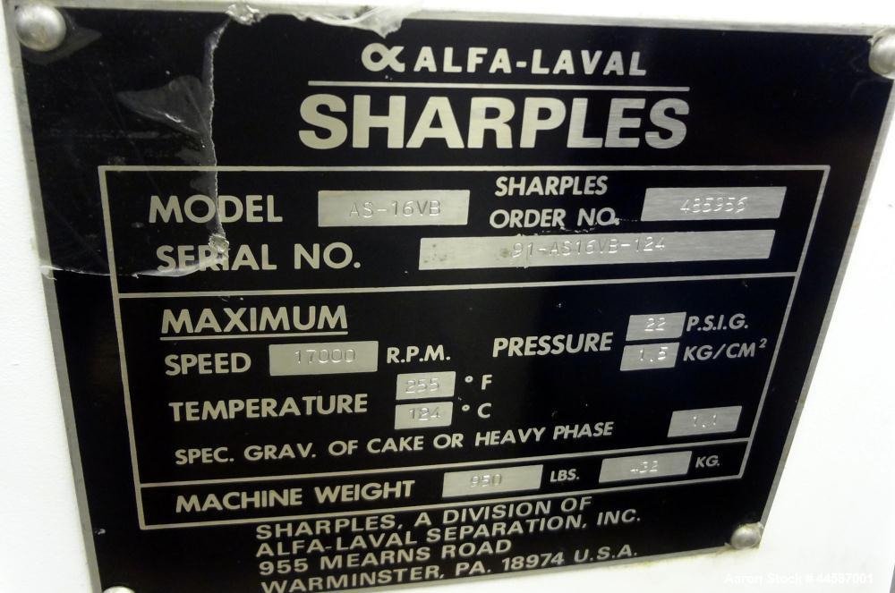 Used Sharples AS-16VB "Aseptic Biological" Super Centrifuge.  316 Stainless steel construction (product contact areas), maximum speed 17,000 rpm (20000 x G force), clarifier design (liquid/solids sep...