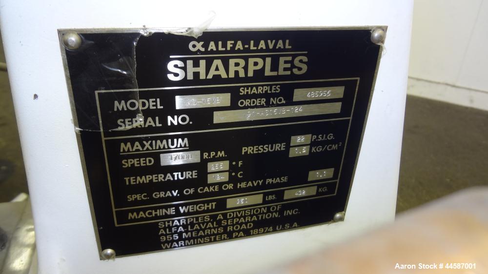 Used Sharples AS-16VB "Aseptic Biological" Super Centrifuge.  316 Stainless steel construction (product contact areas), maximum speed 17,000 rpm (20000 x G force), clarifier design (liquid/solids sep...
