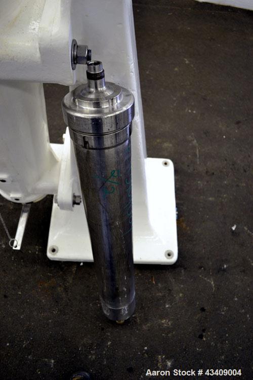 Used Sharples AS-16 Super Centrifuge. 316 stainless steel construction (product contact areas), clarifier design (liquid/solids separation), lower drag assembly, top cover (missing discharge covers),...