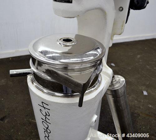 Used Sharples AS-16 Super Centrifuge. 316 Stainless steel construction (product contact areas), clarifier design (liquid/solids separation), lower drag assembly, discharge covers), 2 hp xp drive moto...