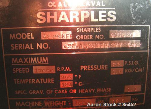 USED: Sharples AS-26 Super Centrifuge frame assembly, 316 stainless steel. Max speed 17,000 rpm. Includesheating/cooling coils, tilting bowl housing for bowl removal,  operator's station, spindle ass...