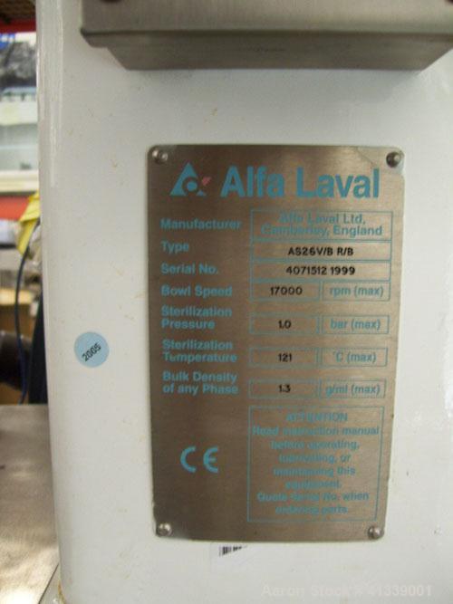 Used Sharples AS-26VB aseptic biological super centrifuge, 316 stainless steel construction. Max bowl speed 17000 rpm, 20000 x G force, sanitry type connections, sterilization to 121 deg C @ 15 psig,...