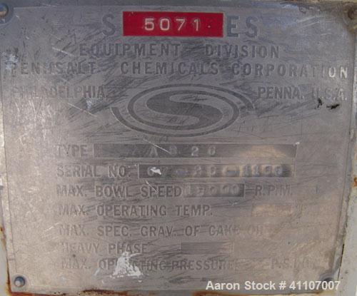 Used Sharples AS-26 Centrifuge, 17-4 PH.  15,000 RPM max bowl speed.  Driven by a 5 HP, 3/60/220/440 Volt, 3500 RPM.
