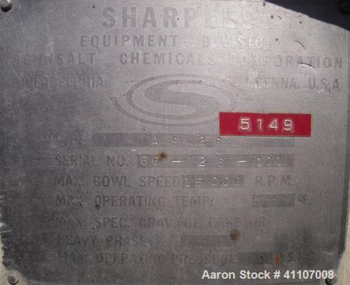 Used Sharples AS-26 Centrifuge, 17-4 PH.  15,000 rpm max bowl speed. Driven by a 5 hp, 3510 rpm.
