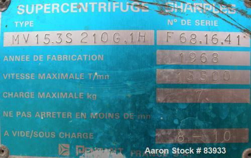 Used Stainless Steel Sharples Super Centrifuge,  MV16.3S.210.1H
