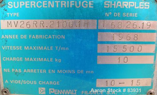 Used Sharples Super Centrifuge, Model  MV26RR.210G.1H