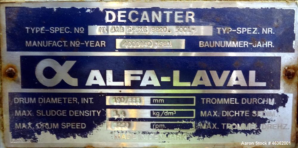 Used- Alfa Laval AVNX-418S-31G Solid Bowl Tricanter Centrifuge