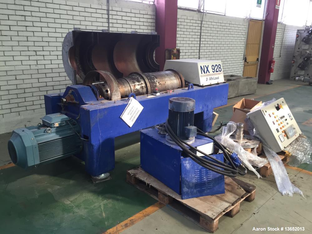 Used Alfa Laval NX-928 Solid Bowl Tricanter Centrifuge. 316 Stainless steel construction (product contact areas). Maximum bowl speed 3250 rpm, Single row of lined cake discharge ports, single lead co...