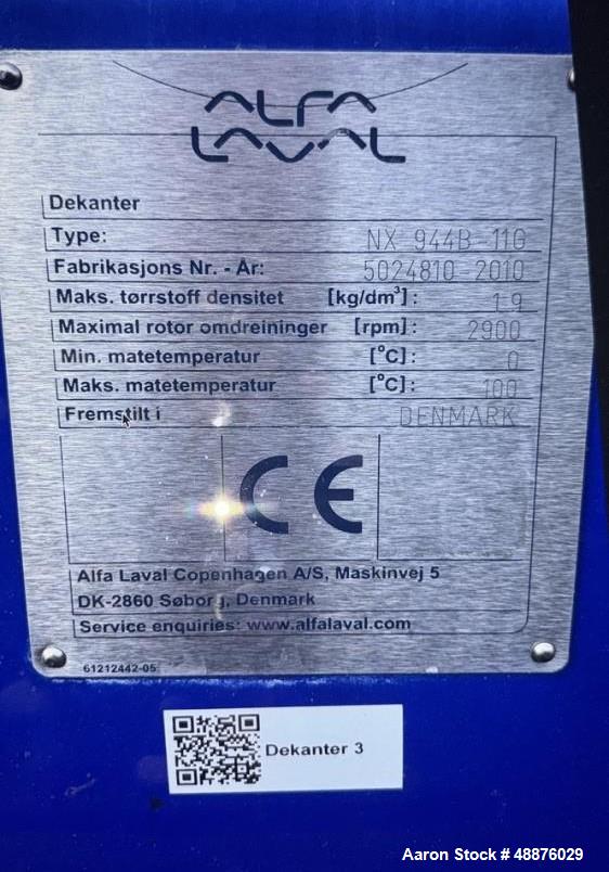 Used Alfa Laval NX 944B-11G Tricanter Centrifuge | 316 SS | 2900 RPM | 82.5 HP | Protein Separation System