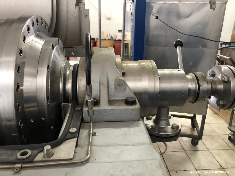 Used Flottweg Z4E-4/444H Tricanter Solid Bowl Decanter Centrifuge. Maximum bowl speed 3500 rpm, three phase separation (liquid/liquid/solids separation), bowl, conveyor, base, casing, feed pipe, grea...