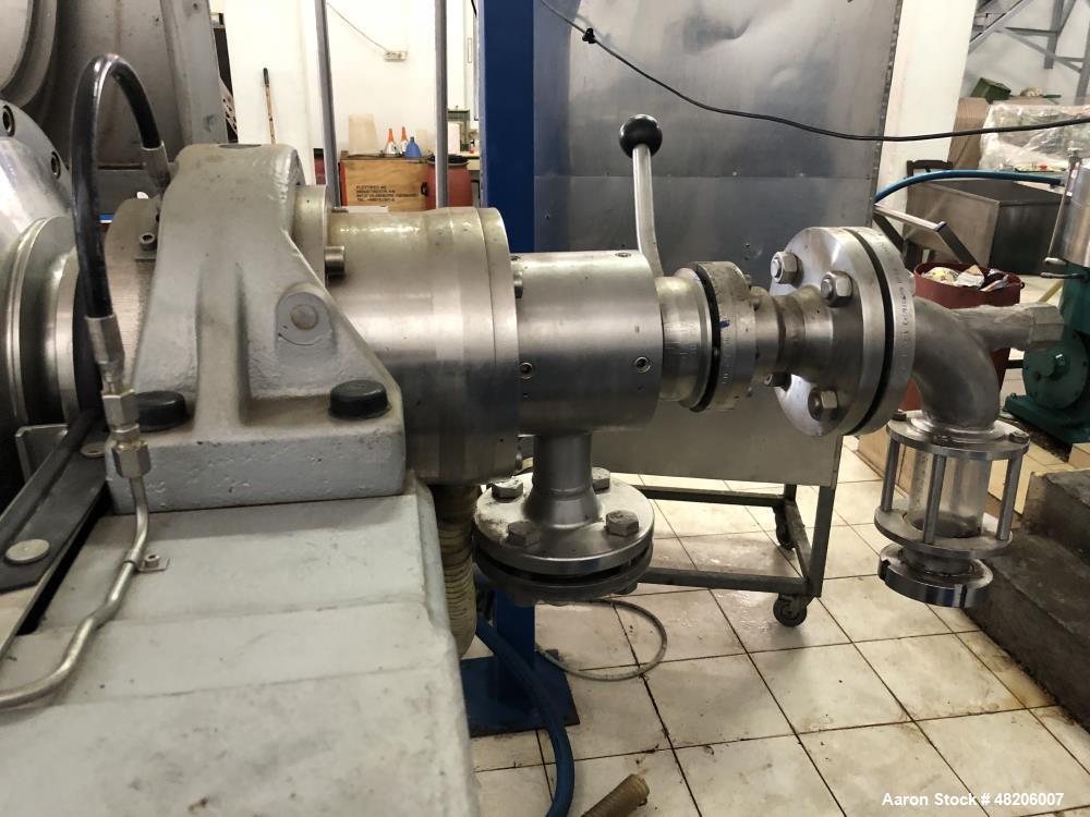 Used Flottweg Z4E-4/444H Tricanter Solid Bowl Decanter Centrifuge. Maximum bowl speed 3500 rpm, three phase separation (liquid/liquid/solids separation), bowl, conveyor, base, casing, feed pipe, grea...
