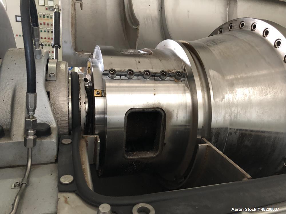 Used Flottweg Z4E-4/444H Tricanter Solid Bowl Decanter Centrifuge. Maximum bowl speed 3500 rpm, three phase separation (liquid/liquid/solids separation), bowl, conveyor, base, casing, feed pipe, grea...
