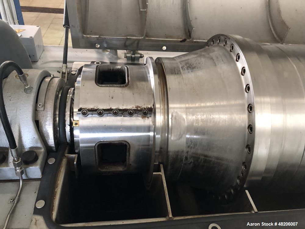 Used Flottweg Z4E-4/444H Tricanter Solid Bowl Decanter Centrifuge. Maximum bowl speed 3500 rpm, three phase separation (liquid/liquid/solids separation), bowl, conveyor, base, casing, feed pipe, grea...