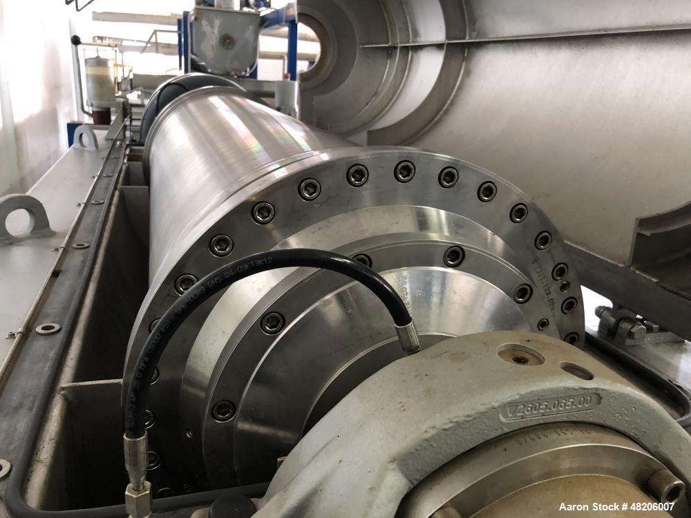 Used Flottweg Z4E-4/444H Tricanter Solid Bowl Decanter Centrifuge. Maximum bowl speed 3500 rpm, three phase separation (liquid/liquid/solids separation), bowl, conveyor, base, casing, feed pipe, grea...