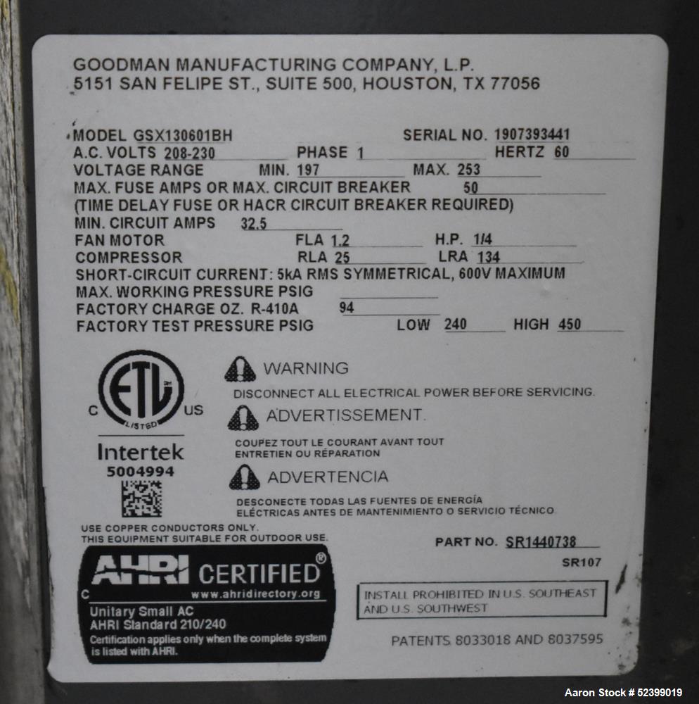 Used Goodman Model GSX130601BH Split System Air Conditioner. 13 SEER. 5 Ton capacity. 60,000 BTU. 77 dB. 1/60/208-230 Volt. 1/4HP fan motor. Compressor RLA25, R-410A, 94 ounce charge.