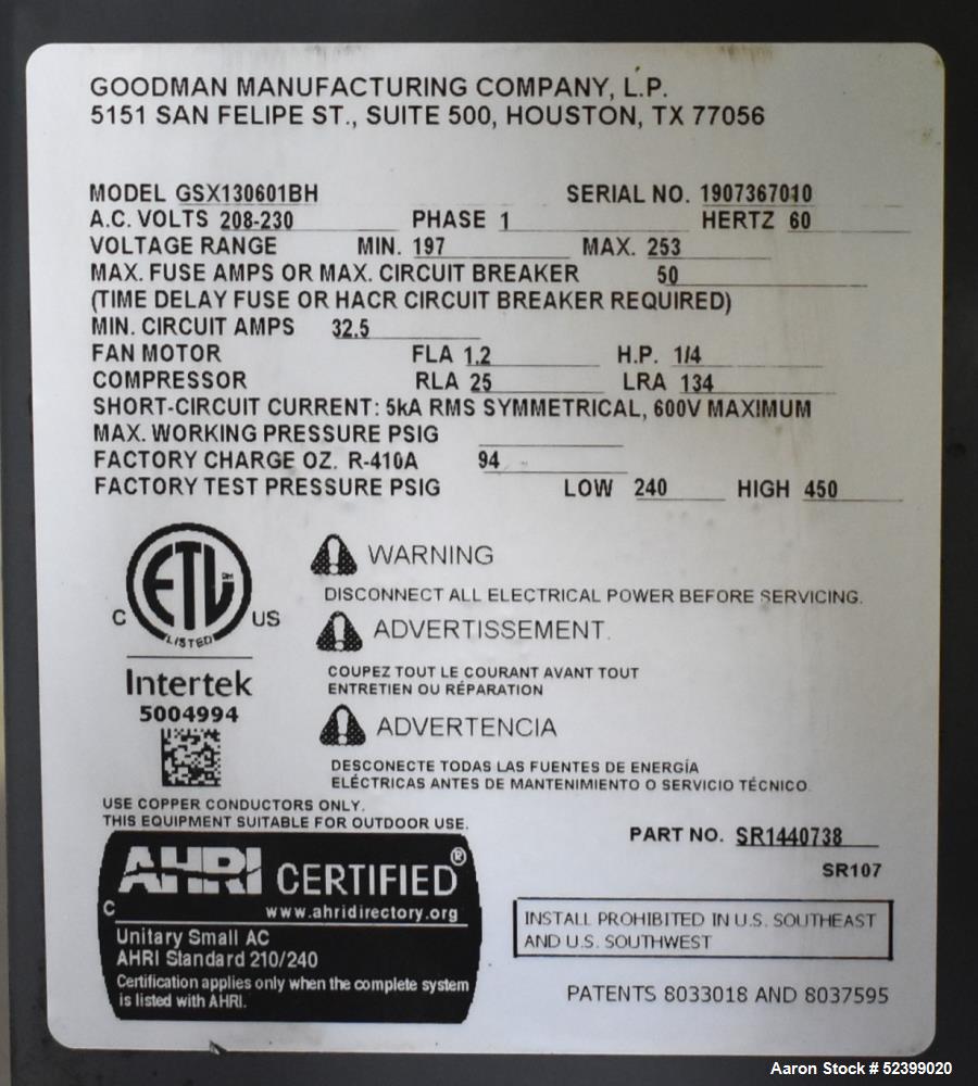 Used Goodman Model GSX130601BH Split System Air Conditioner. 13 SEER. 5 Ton capacity. 60,000 BTU. 77 dB. 1/60/208-230 Volt. 1/4HP fan motor. Compressor RLA25, R-410A, 94 ounce charge.