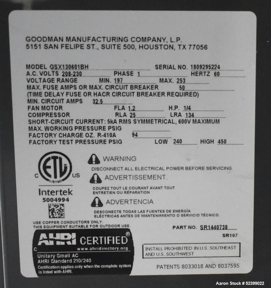 Used Goodman Model GSX130601BH Split System Air Conditioner. 13 SEER. 5 Ton capacity. 60,000 BTU. 77 dB. 1/60/208-230 Volt. 1/4HP fan motor. Compressor RLA25, R-410A, 94 ounce charge.