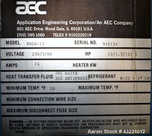 Used AEC Glacier Series Air Cooled Portable Chiller, Model NXGA-15. Cooling capacity 13.5 tons, chilled water 36 gallons per minute. Minimum temperature 20 degrees F. 29 Pound charge of R-22 refriger...