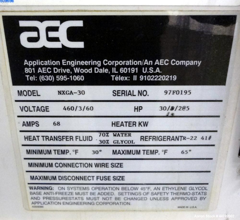 Used AEC Glacier Series Air Cooled Portable Chiller, Model NXGA-30. Cooling capacity 24.1 tons, chilled water 57.9 gallons per minute. Minimum temperature 30 degrees F, maximum temperature 65 degrees...