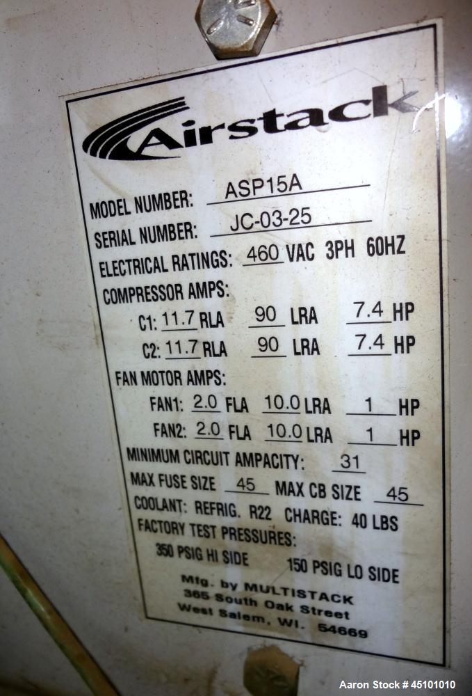 Used Multistack Airstack Air Cooled Packaged Chiller System 60 Total Tons, Consisting Of: (4) Model ASP15A chillers, each 15 tons. Temperature range approximate 40 to 50 degrees F. Each 3/60/460 volt...