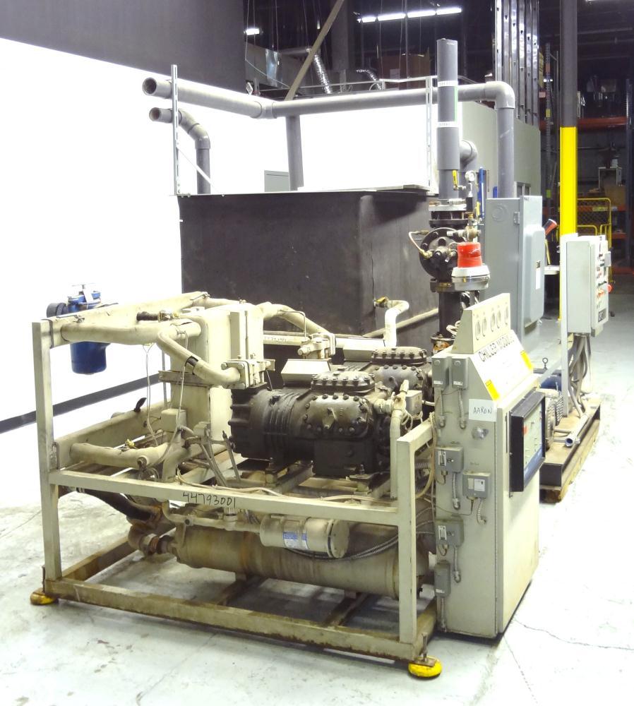 Used Advantage Engineering WPT Series Water Cooled Chiller, Model CC-60WPT-40SRX. Cooling capacity 60 tons. Temperature range 20-60 degrees F., maximum operating pressure 100 psi, heat transfer fluid...