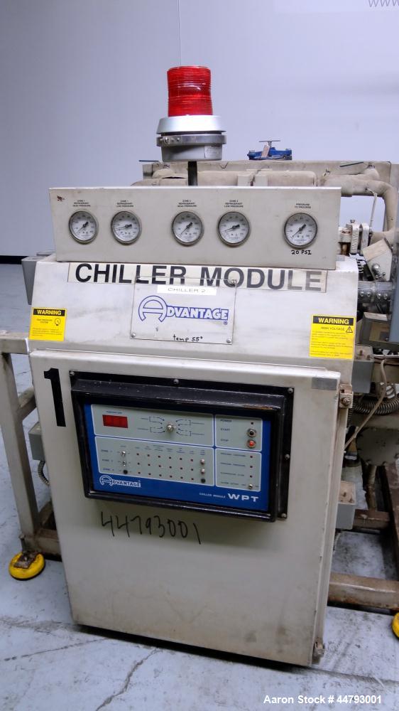 Used Advantage Engineering WPT Series Water Cooled Chiller, Model CC-60WPT-40SRX. Cooling capacity 60 tons. Temperature range 20-60 degrees F., maximum operating pressure 100 psi, heat transfer fluid...