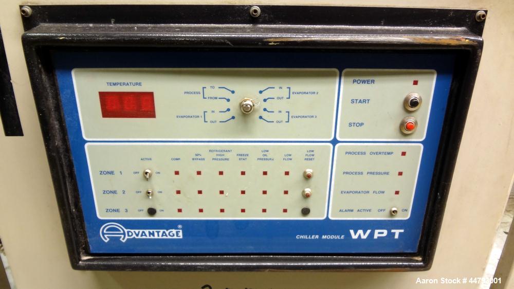Used Advantage Engineering WPT Series Water Cooled Chiller, Model CC-60WPT-40SRX. Cooling capacity 60 tons. Temperature range 20-60 degrees F., maximum operating pressure 100 psi, heat transfer fluid...