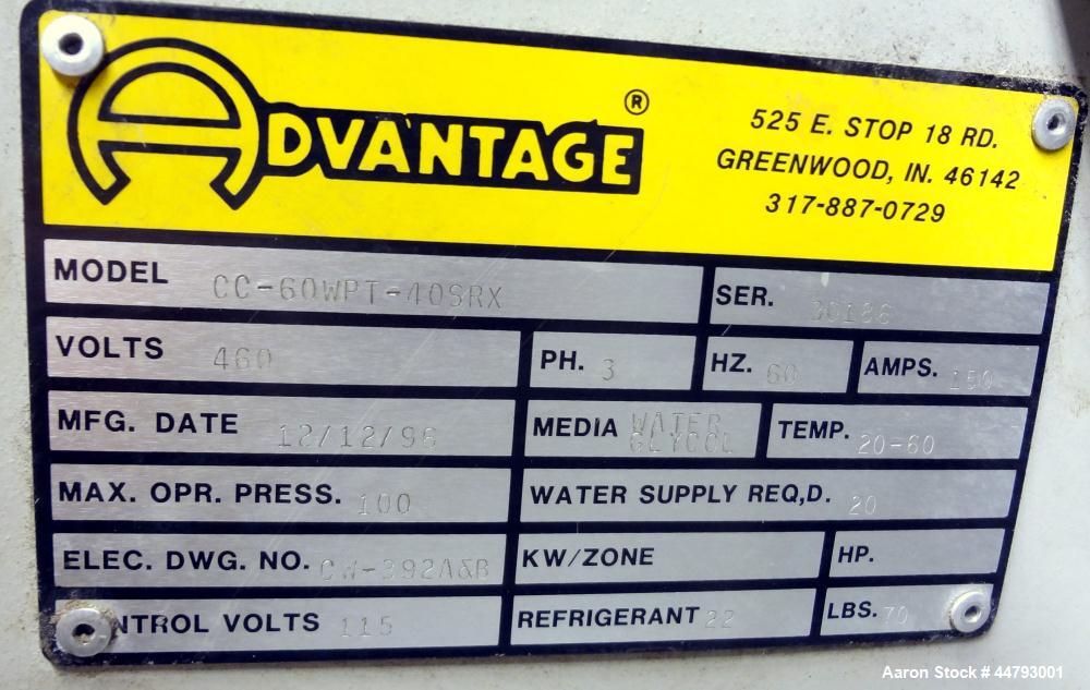 Used Advantage Engineering WPT Series Water Cooled Chiller, Model CC-60WPT-40SRX. Cooling capacity 60 tons. Temperature range 20-60 degrees F., maximum operating pressure 100 psi, heat transfer fluid...