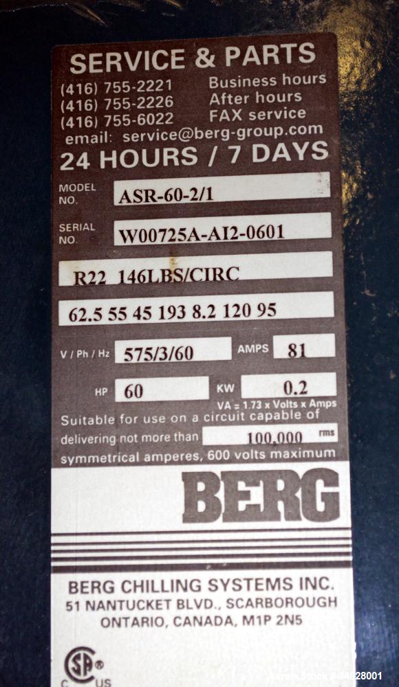 Used Berg Chilling Systems Air Cooled Chiller Package, 48.5 Ton Cooling, Capacity, Model ASR-60-2/1. Consists of: (2) Copelamatic model 6DY-3000TSE-3 semi-hermetic compressors, serial# CCE0112321, CC...
