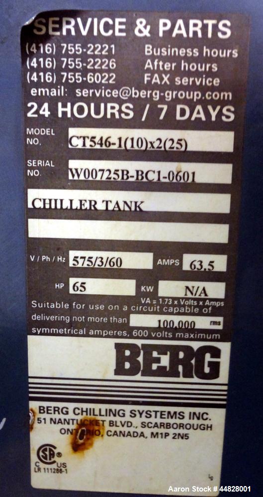 Used Berg Chilling Systems Air Cooled Chiller Package, 48.5 Ton Cooling, Capacity, Model ASR-60-2/1. Consists of: (2) Copelamatic model 6DY-3000TSE-3 semi-hermetic compressors, serial# CCE0112321, CC...