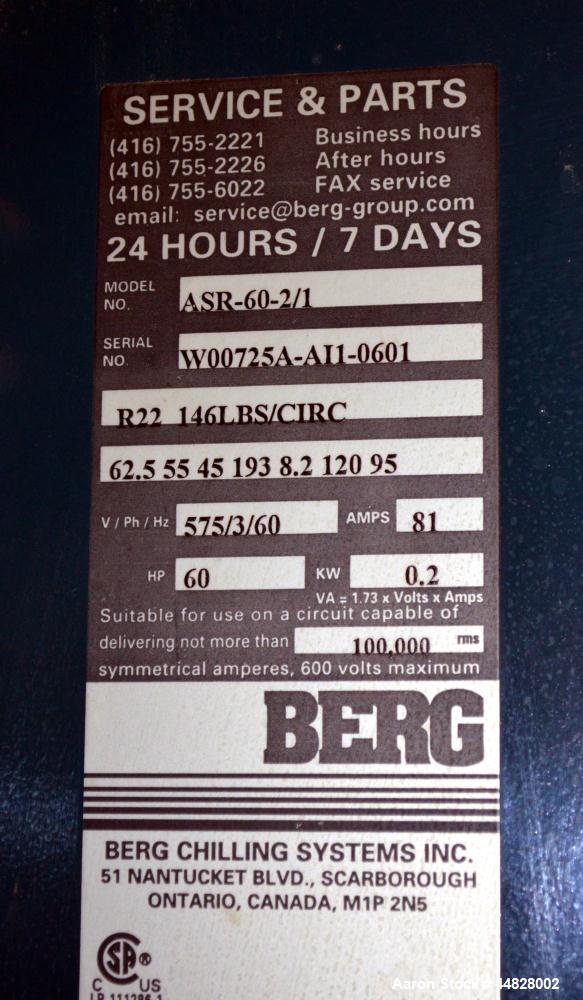 Used Berg Chilling Systems Air Cooled Chiller Package, 48.5 Ton Cooling, Capacity, Model ASR-60-2/1. Consists of: (2) Copelamatic model 6DY-3000TSE-3 semi-hermetic compressors, serial# CCE0112321, CC...