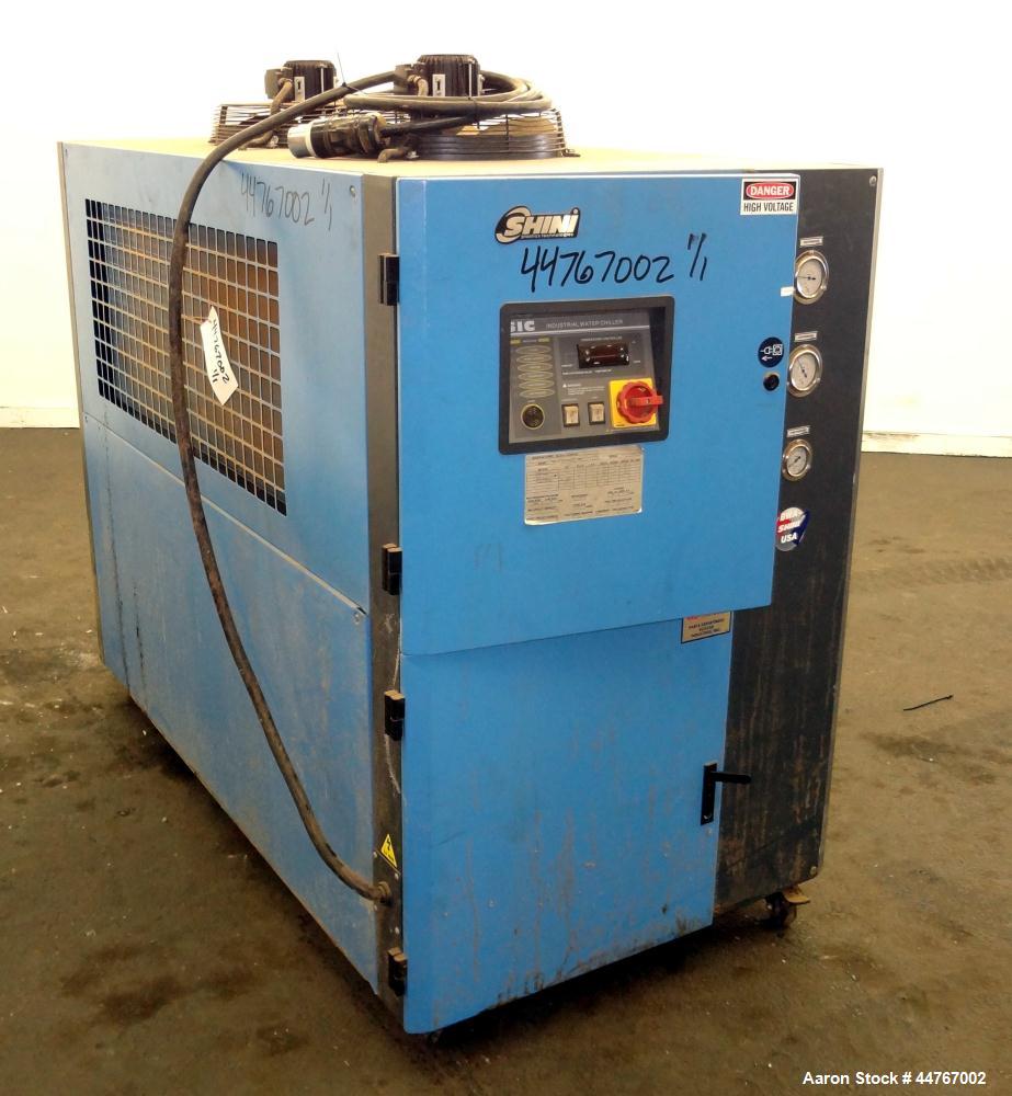 Used Shini Budzar SIC Series Air-Cooled Chiller, 10 Tons, Model BWA-AC-10-FCB-22-0-000. Flow rate 24 gallons per minute, temperature range 45 to 70 degrees F, 150-450 psi, 16 pound charge or R-407C r...