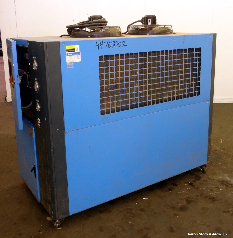 Used Shini Budzar SIC Series Air-Cooled Chiller, 10 Tons, Model BWA-AC-10-FCB-22-0-000. Flow rate 24 gallons per minute, temperature range 45 to 70 degrees F, 150-450 psi, 16 pound charge or R-407C r...