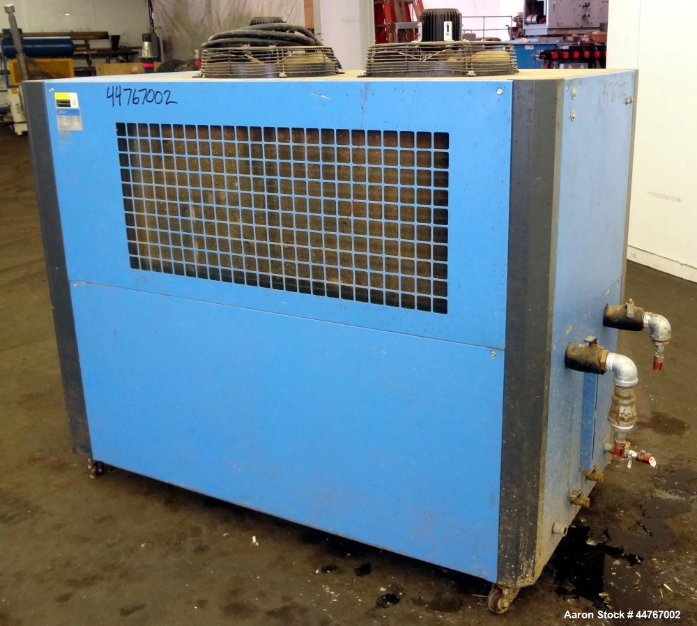 Used Shini Budzar SIC Series Air-Cooled Chiller, 10 Tons, Model BWA-AC-10-FCB-22-0-000. Flow rate 24 gallons per minute, temperature range 45 to 70 degrees F, 150-450 psi, 16 pound charge or R-407C r...