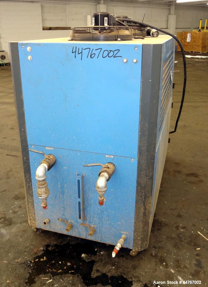 Used Shini Budzar SIC Series Air-Cooled Chiller, 10 Tons, Model BWA-AC-10-FCB-22-0-000. Flow rate 24 gallons per minute, temperature range 45 to 70 degrees F, 150-450 psi, 16 pound charge or R-407C r...
