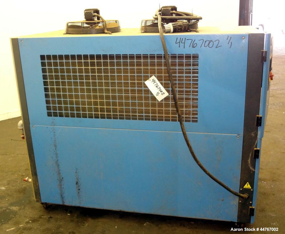 Used Shini Budzar SIC Series Air-Cooled Chiller, 10 Tons, Model BWA-AC-10-FCB-22-0-000. Flow rate 24 gallons per minute, temperature range 45 to 70 degrees F, 150-450 psi, 16 pound charge or R-407C r...