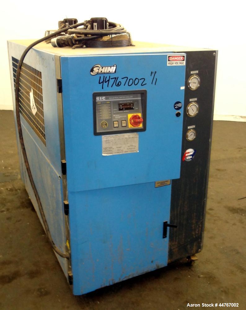 Used Shini Budzar SIC Series Air-Cooled Chiller, 10 Tons, Model BWA-AC-10-FCB-22-0-000. Flow rate 24 gallons per minute, temperature range 45 to 70 degrees F, 150-450 psi, 16 pound charge or R-407C r...