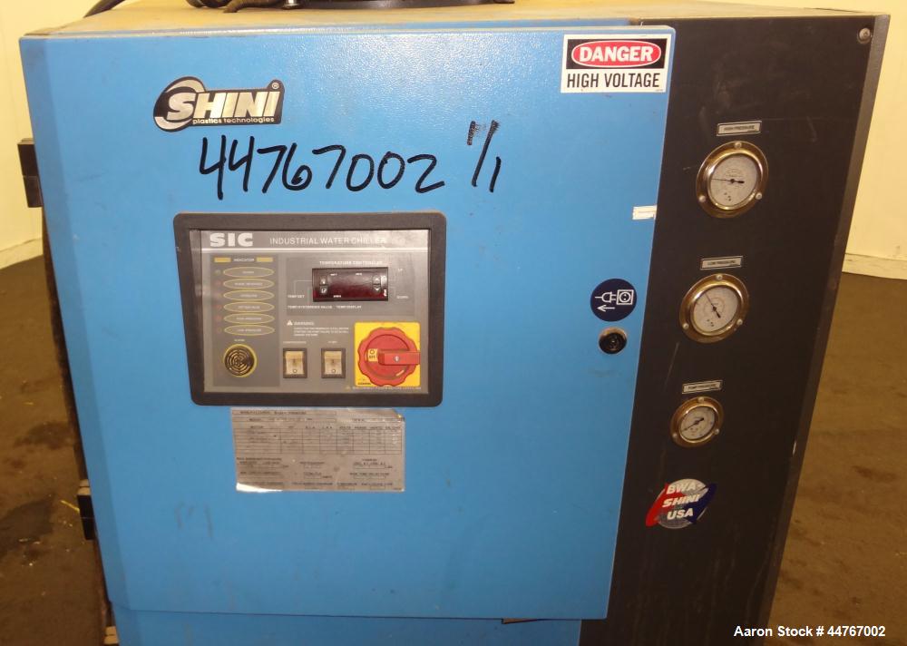 Used Shini Budzar SIC Series Air-Cooled Chiller, 10 Tons, Model BWA-AC-10-FCB-22-0-000. Flow rate 24 gallons per minute, temperature range 45 to 70 degrees F, 150-450 psi, 16 pound charge or R-407C r...
