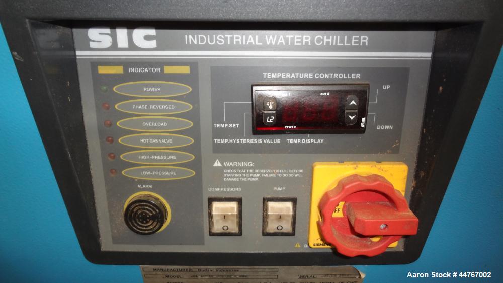 Used Shini Budzar SIC Series Air-Cooled Chiller, 10 Tons, Model BWA-AC-10-FCB-22-0-000. Flow rate 24 gallons per minute, temperature range 45 to 70 degrees F, 150-450 psi, 16 pound charge or R-407C r...