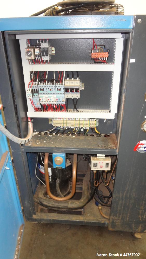 Used Shini Budzar SIC Series Air-Cooled Chiller, 10 Tons, Model BWA-AC-10-FCB-22-0-000. Flow rate 24 gallons per minute, temperature range 45 to 70 degrees F, 150-450 psi, 16 pound charge or R-407C r...