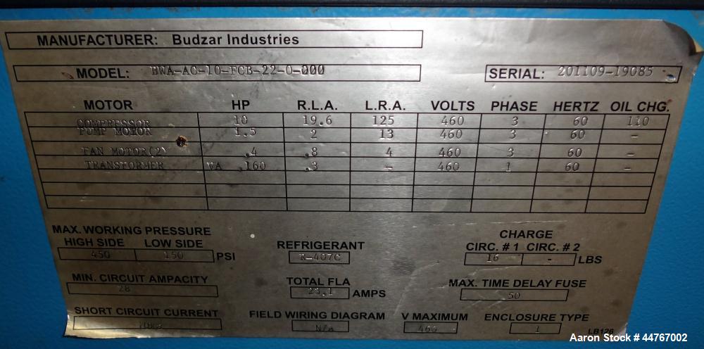 Used Shini Budzar SIC Series Air-Cooled Chiller, 10 Tons, Model BWA-AC-10-FCB-22-0-000. Flow rate 24 gallons per minute, temperature range 45 to 70 degrees F, 150-450 psi, 16 pound charge or R-407C r...