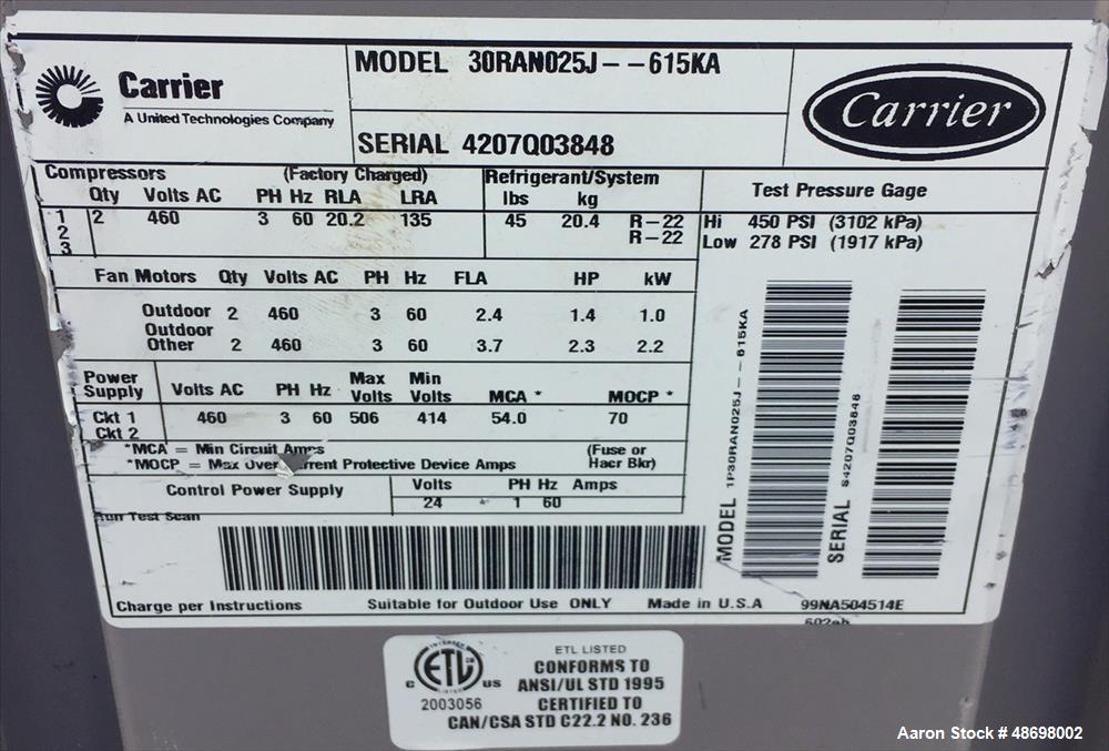 Used Carrier Chiller, Model 30RAN025J-615KA.
