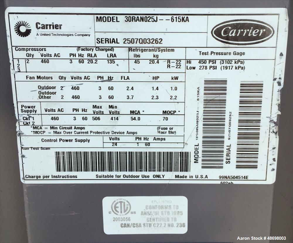 Used Carrier Chiller, Model 30RAN025J-615KA.