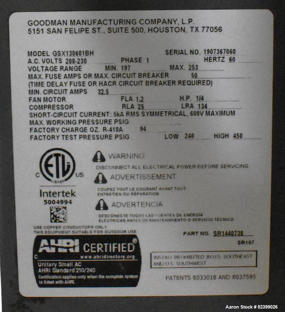 Used Goodman Model GSX130601BH Split System Air Conditioner. 13 SEER. 5 Ton capacity. 60,000 BTU. 77 dB. 1/60/208-230 Volt. 1/4HP fan motor. Compressor RLA25, R-410A, 94 ounce charge.