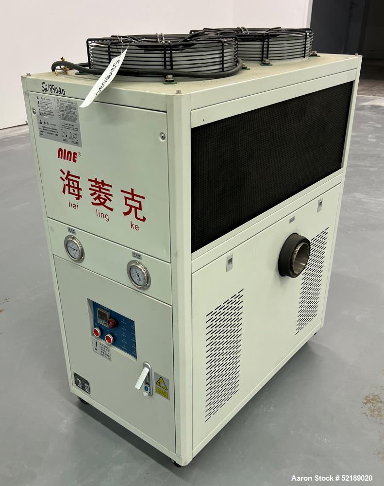 Used HailingKe Air Cooled Water Chiller, Model HL-03BS. Temperature range approximate 5 to 35 degrees C., 3 HP, 3 phase, 50 cycle, 380 volts. Serial# 19294601, built 04/26/2019.
