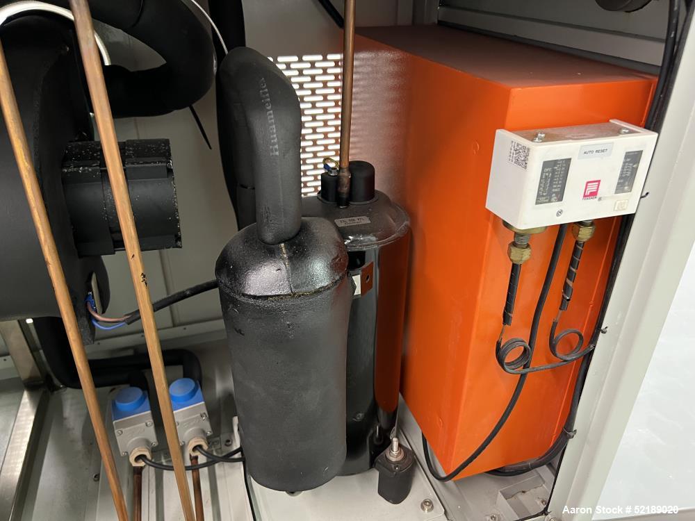 Used HailingKe Air Cooled Water Chiller, Model HL-03BS. Temperature range approximate 5 to 35 degrees C., 3 HP, 3 phase, 50 cycle, 380 volts. Serial# 19294601, built 04/26/2019.