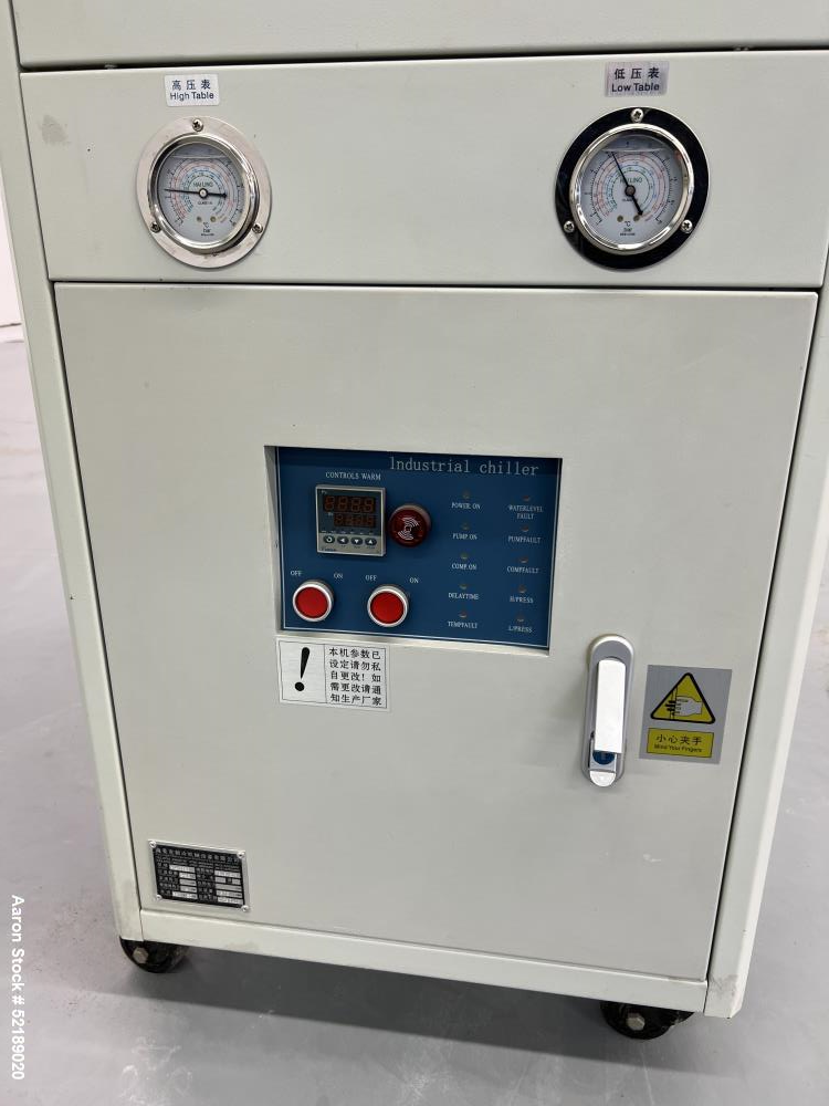 Used HailingKe Air Cooled Water Chiller, Model HL-03BS. Temperature range approximate 5 to 35 degrees C., 3 HP, 3 phase, 50 cycle, 380 volts. Serial# 19294601, built 04/26/2019.