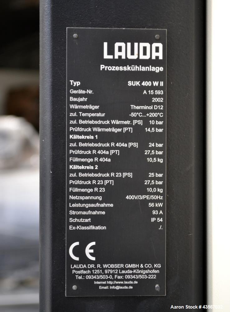 Used Lauda 56kW Secondary Circle Unit Cooler, Type SUK400WII. Temperature range -50 to 200 degrees C. (-58 to 392 F.). 3/50/400 volt. Mounted on casters. Built 2002.