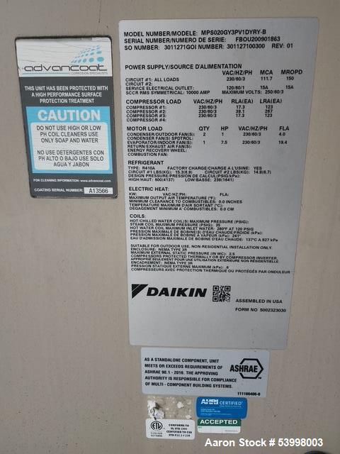 Used Daikin 20 Ton Rooftop Chiller  Model MPS020GY3PV1DYRY-B, Never Installed. Refrigeration Chiller. 20 Ton unit. 3/60/230V. Uses R410A refrigerant. Has two condensor fans.